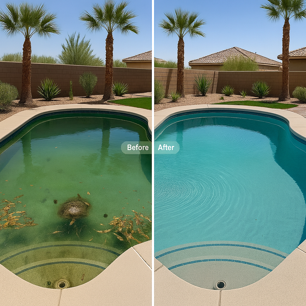 Before and after of cleaned swimming pool.