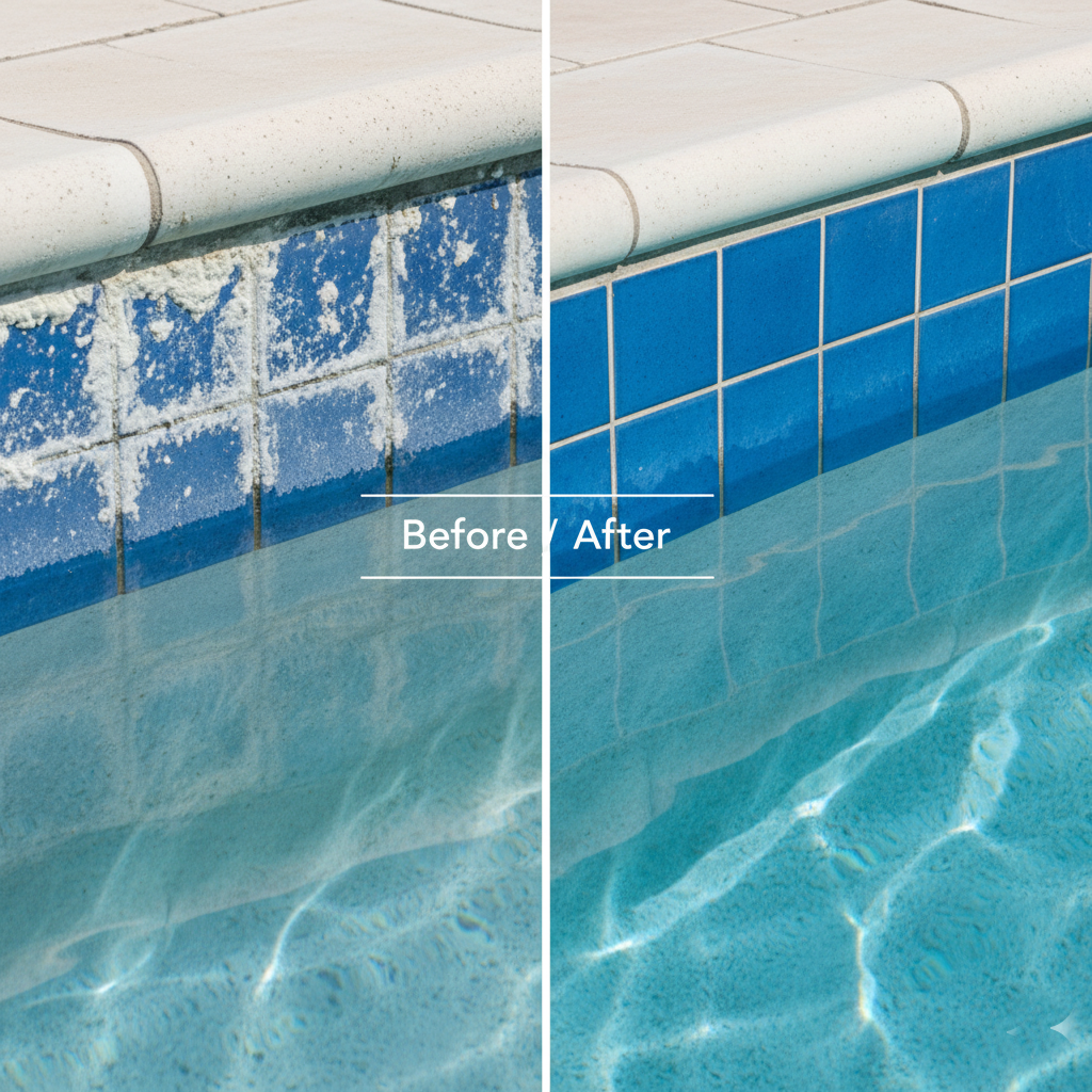 Before and after of a clear blue swimming pool cleaning.